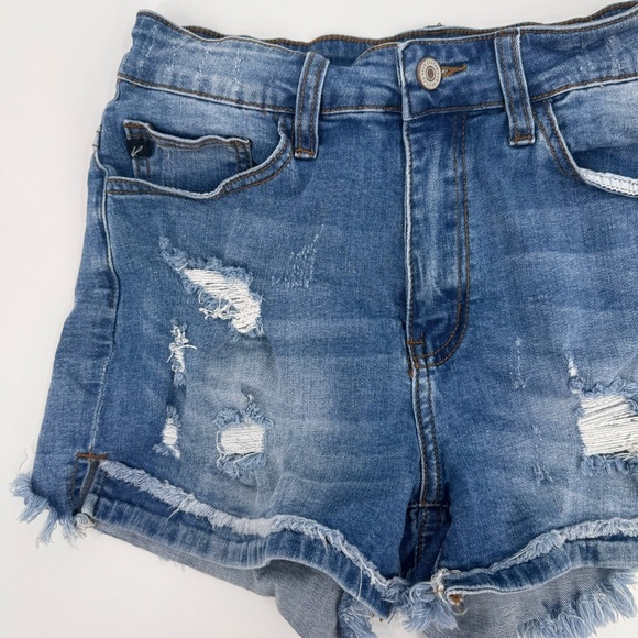 Kancan Jean Shorts Womens 7* Blue Denim Stretch Distressed Mid Rise Cut Off - Picture 2 of 11